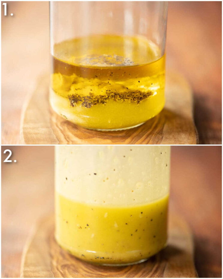 2 step by step photos showing how to make oil dressing for potato salad