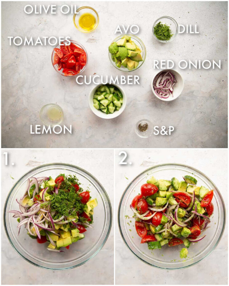 3 step by step photos showing how to make tomato avocado cucumber salad