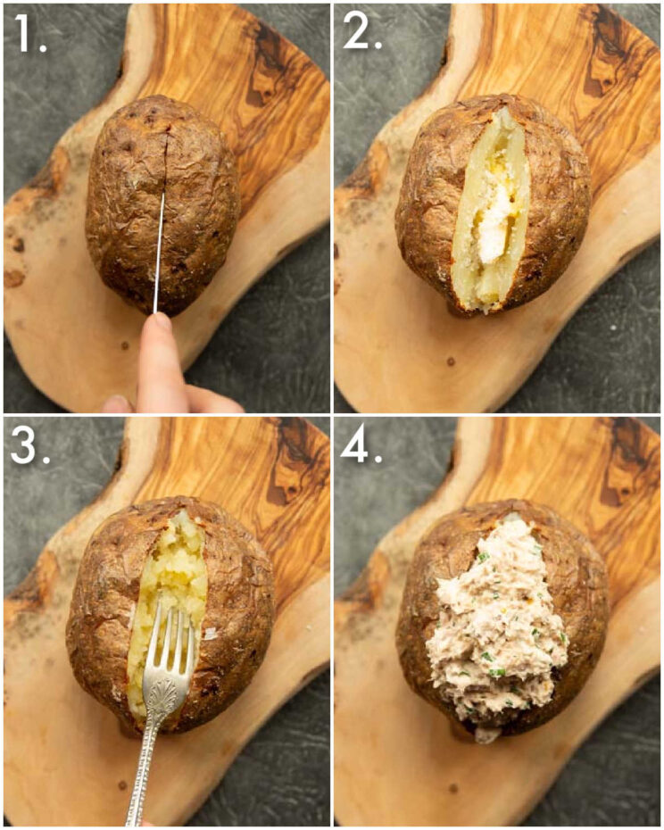 4 step photos showing how to make tuna baked potato