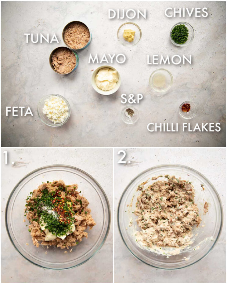 3 step by step photos showing how to make tuna mayo