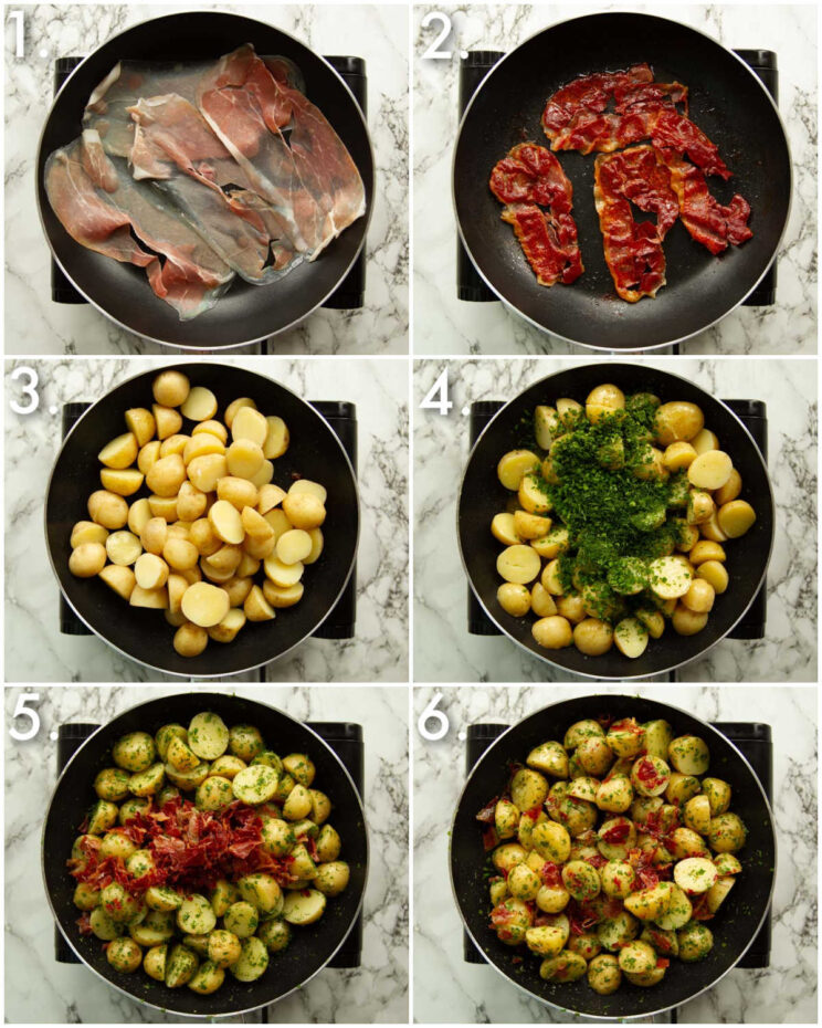 6 step by step photos showing how to make a warm herb potato salad