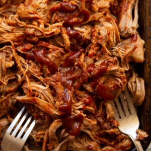 overhead close up shot of pulled pork on tray with two silver forks digging in