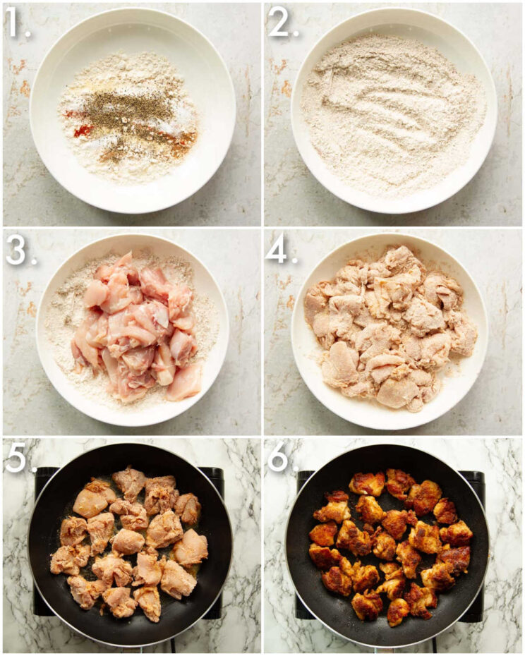 6 step by step photos showing how to coat chicken in flour