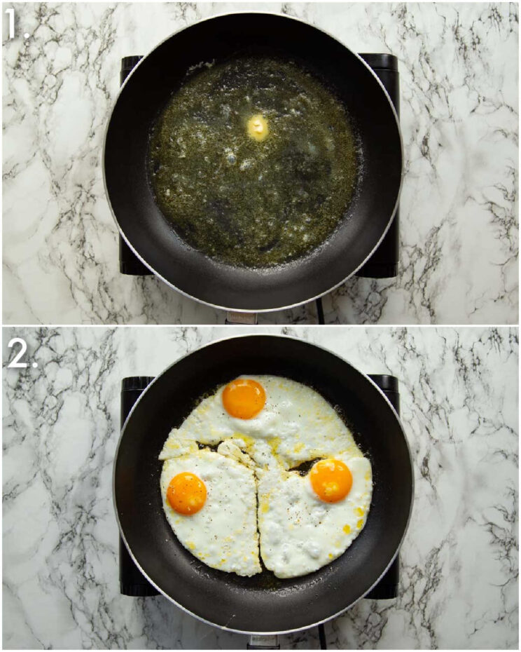 2 step by step photos showing how to fry eggs in butter