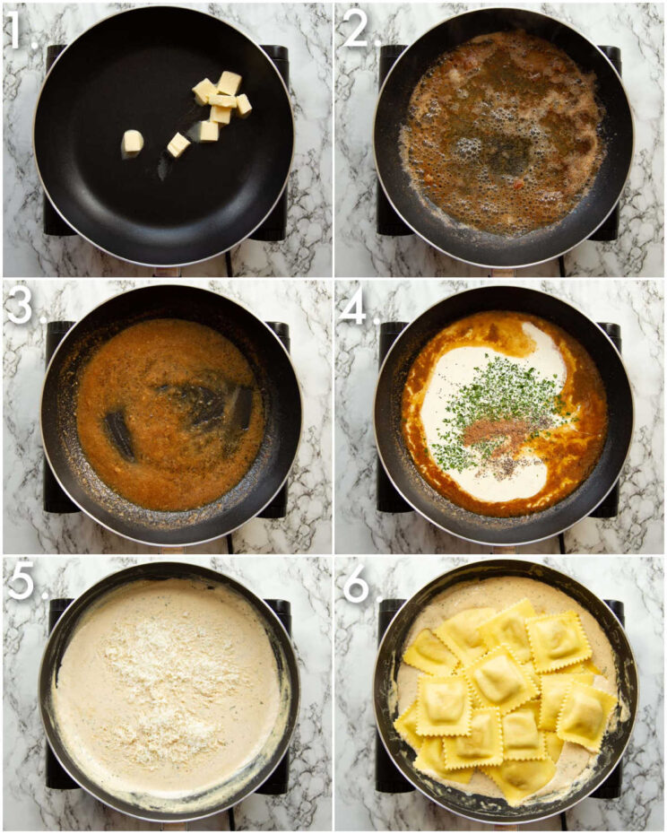 6 step by step photos showing how to make a cream sauce for ravioli