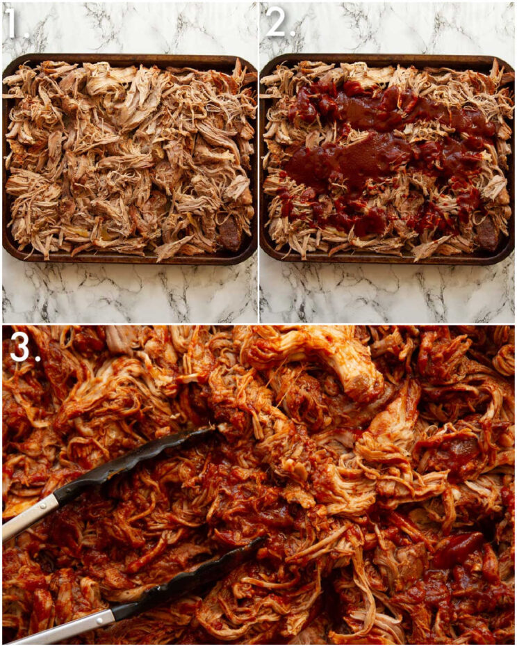 3 step by step photos showing how to make bbq pulled pork
