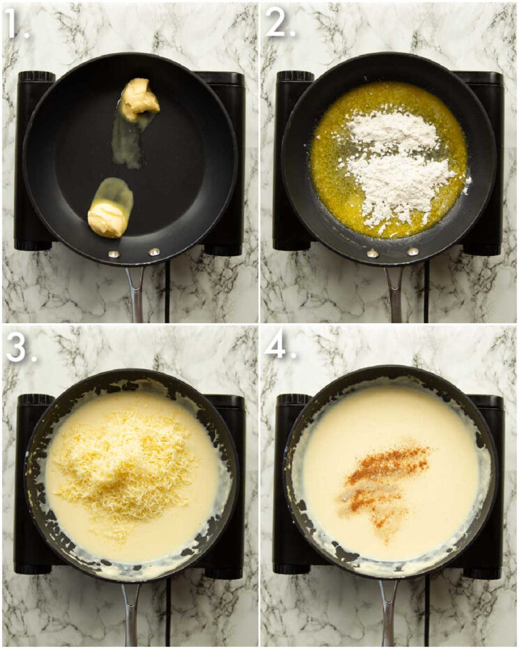 4 step by step photos showing how to make bechamel sauce with gruyere