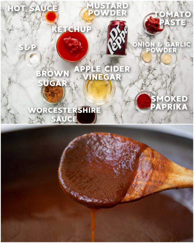 2 step by step photos showing how to make dr pepper bbq sauce