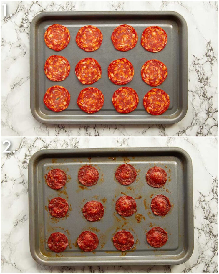 2 step by step photos showing how to make pepperoni chips
