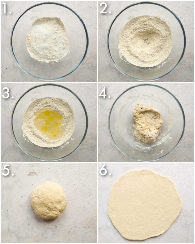 6 step by step photos showing how to make pizza dough without yeast