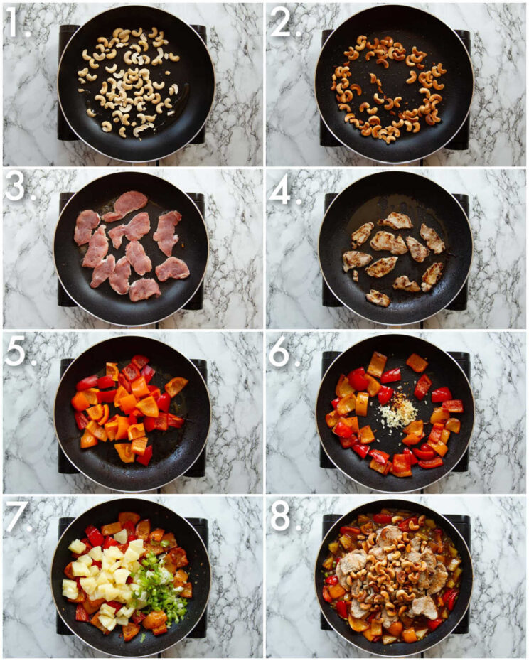 8 step by step photos showing how to make pork pineapple stir fry