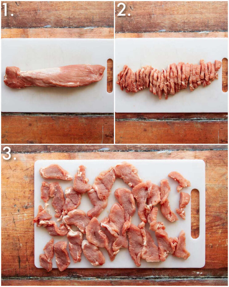 3 step by step photos showing how to prepare pork tenderloin