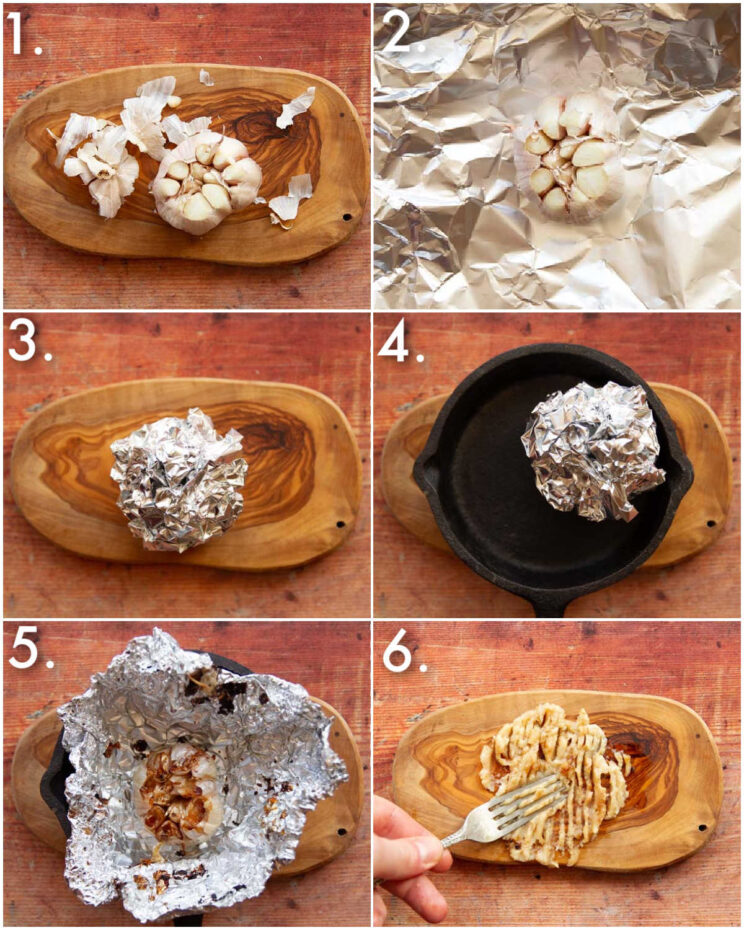 6 step by step photos showing how to roast garlic