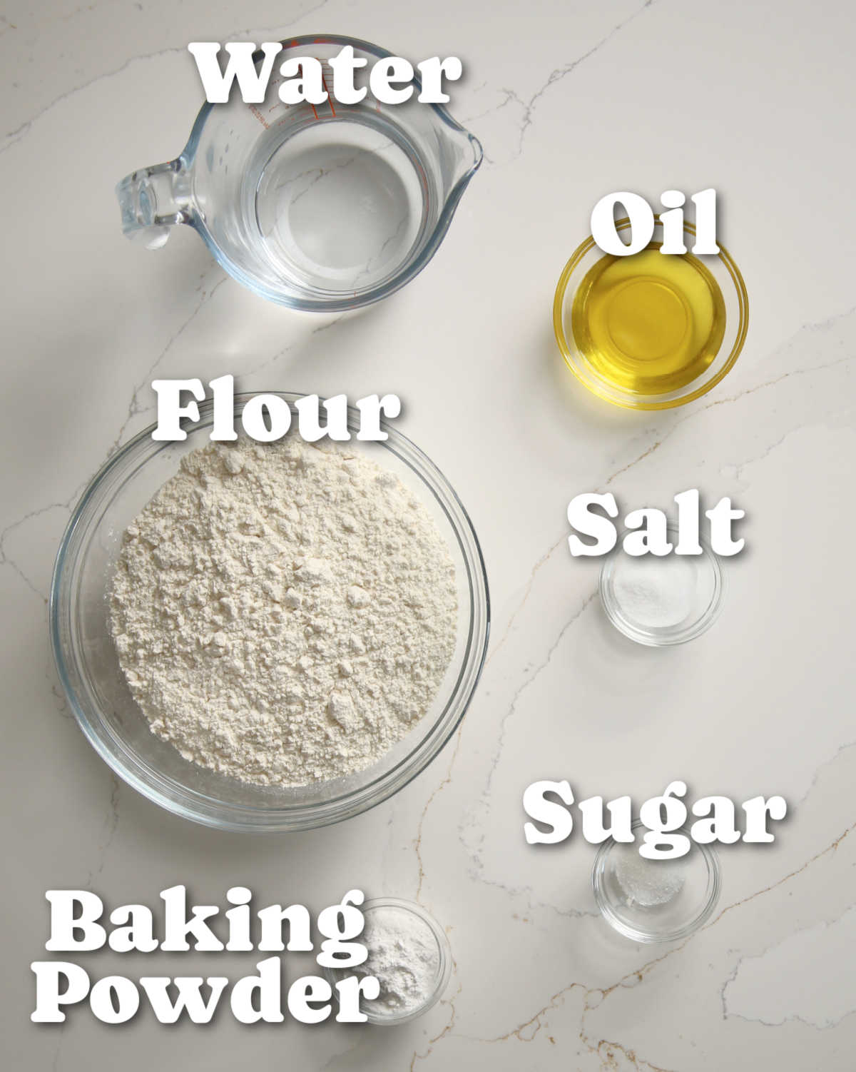 overhead shot of no yeast pizza dough ingredients with text overlays