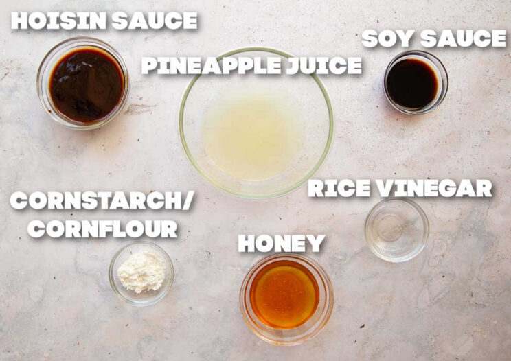 overhead shot of pork stir fry sauce ingredients with text labels