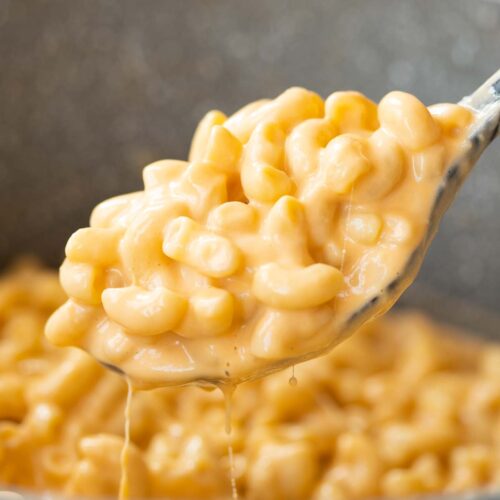 close up shot of mac and cheese on serving spoon scooping out of pot