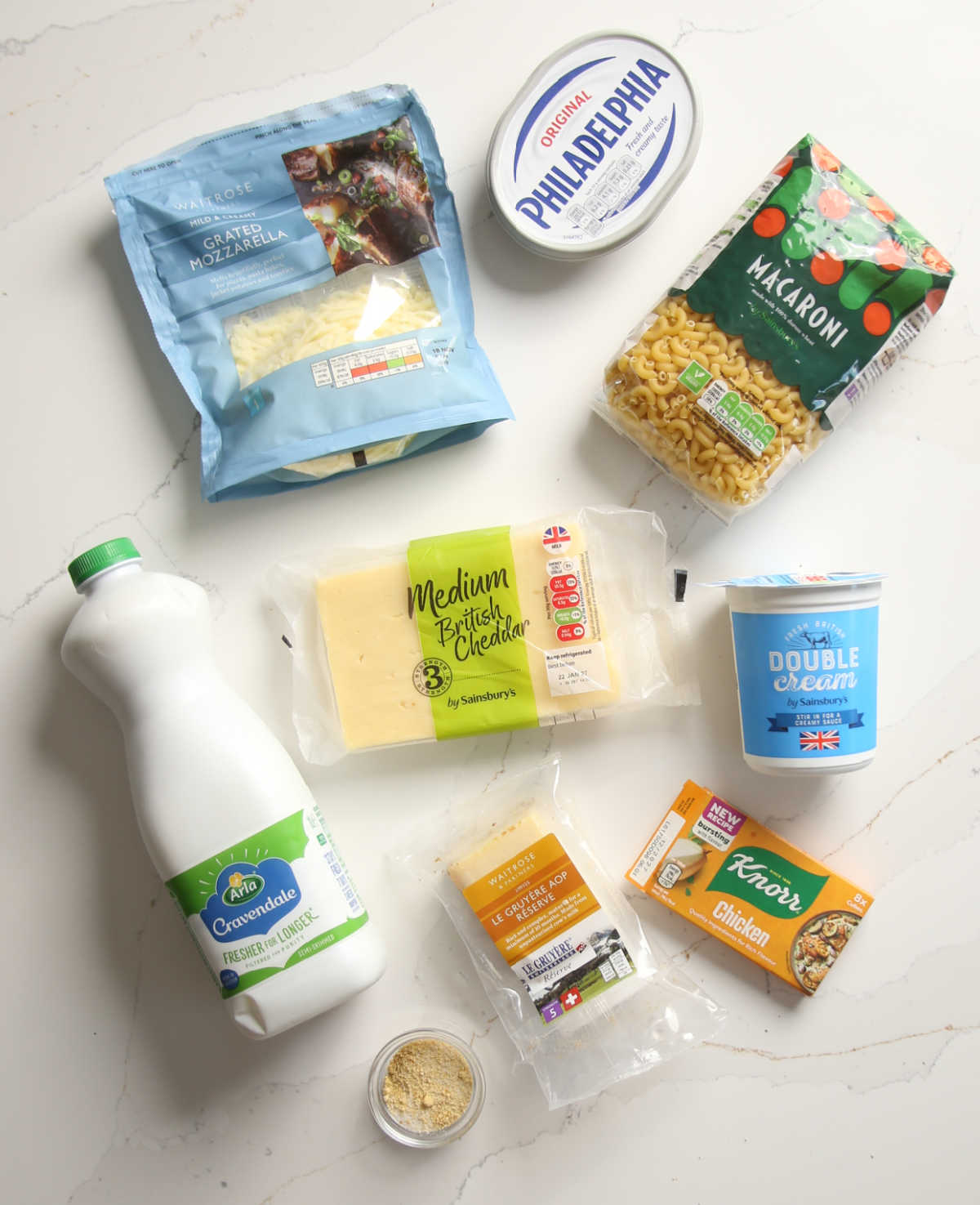 overhead shot of creamy mac and cheese ingredients
