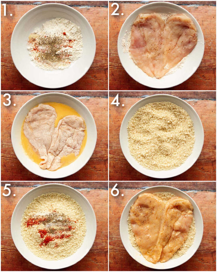 6 step by step photos showing how to bread butterfly chicken