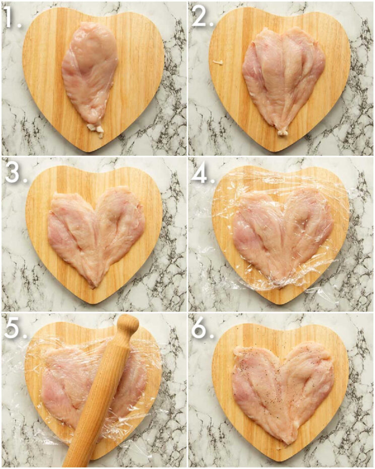 6 step by step photos showing how to butterfly chicken