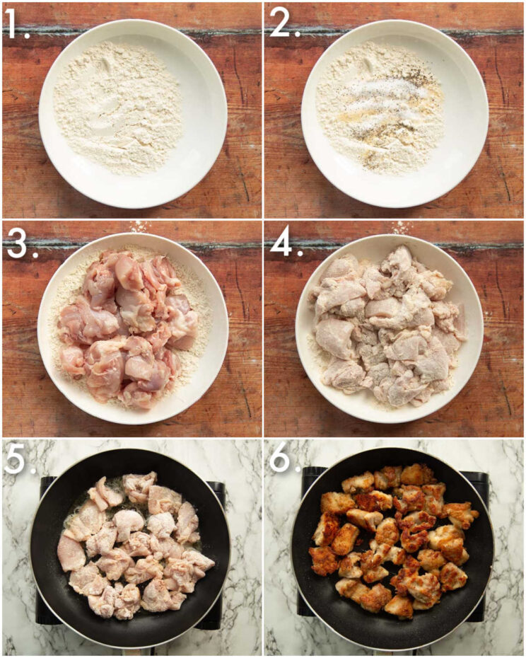 6 step by step photos showing how to fry honey butter chicken