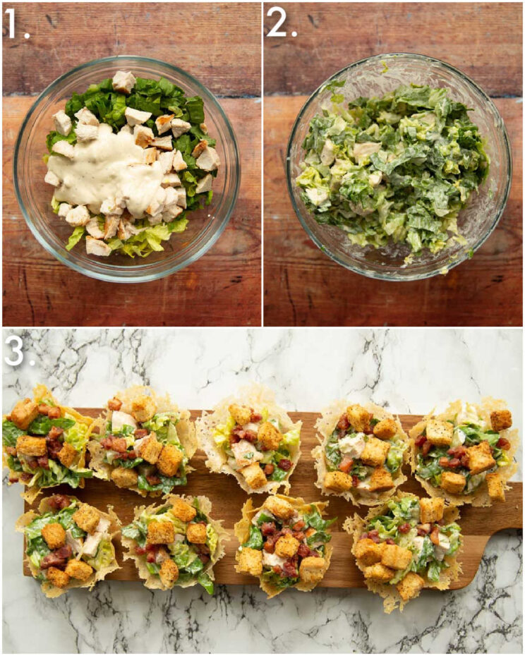 3 step by step photos showing how to make caesar salad cups
