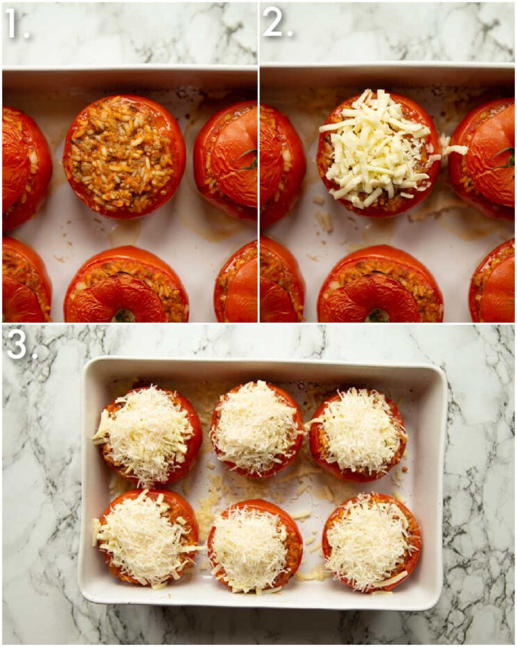 3 step by step photos showing how to make cheesy stuffed tomatoes