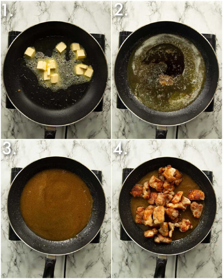 4 step by step photos showing how to make honey butter sauce