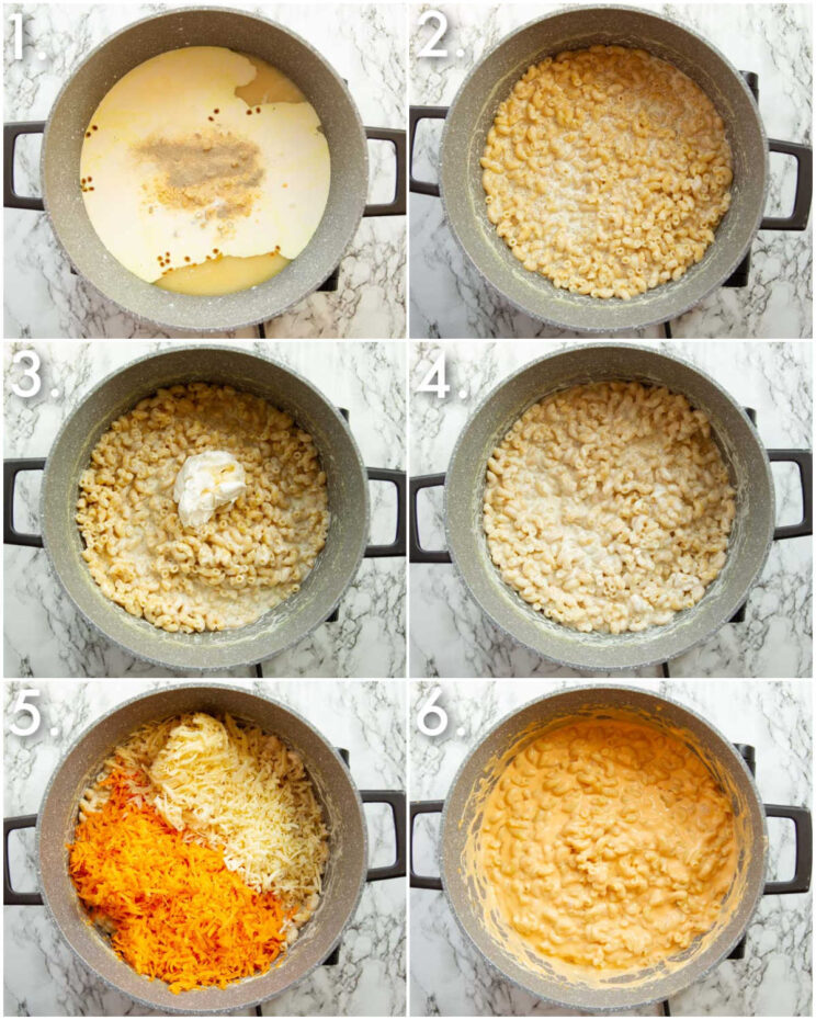 6 step by step photos showing how to make one pot mac and cheese