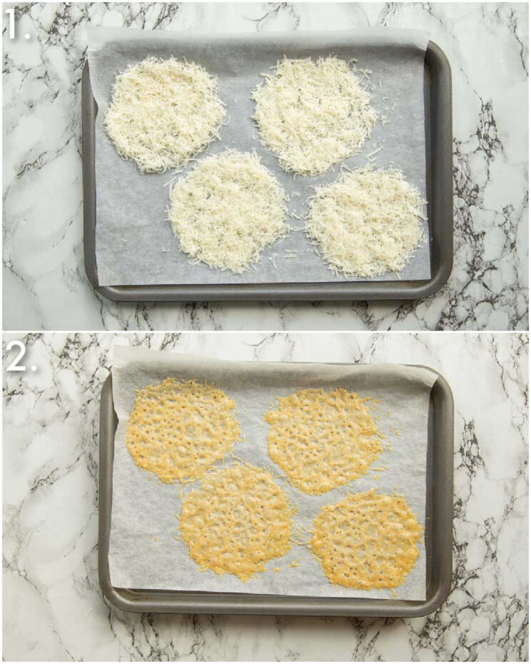 2 step by step photos showing how to make parmesan crisps