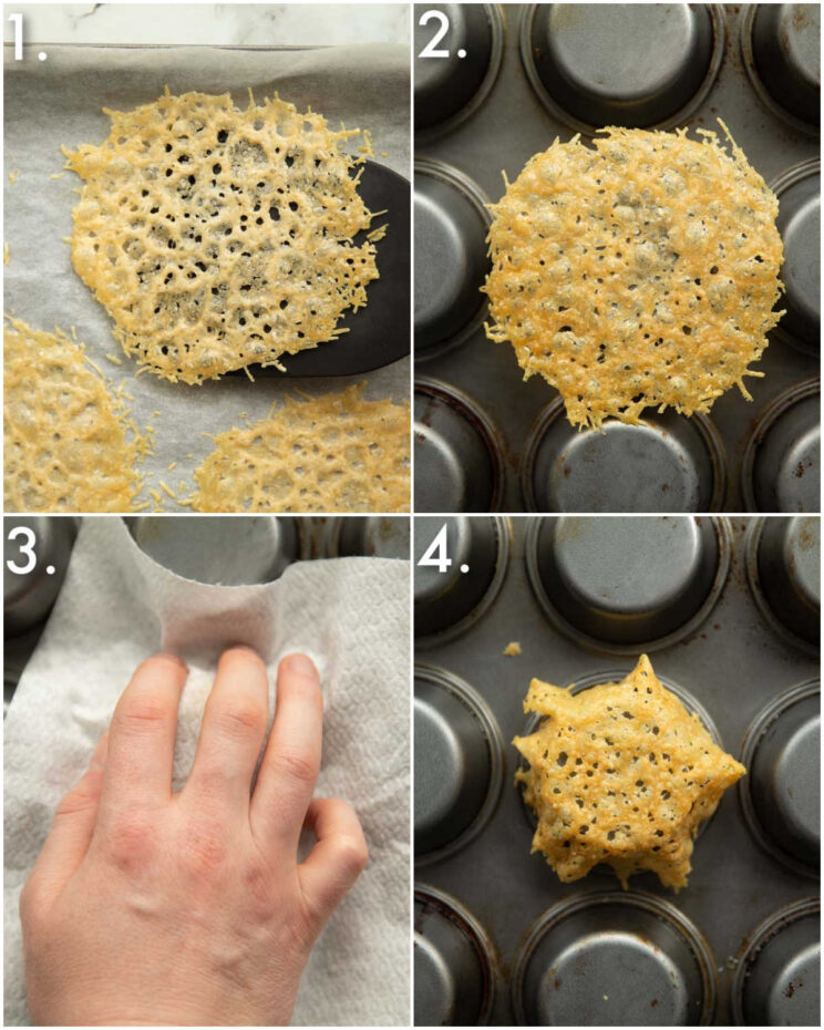 4 step by step photos showing how to make parmesan cups