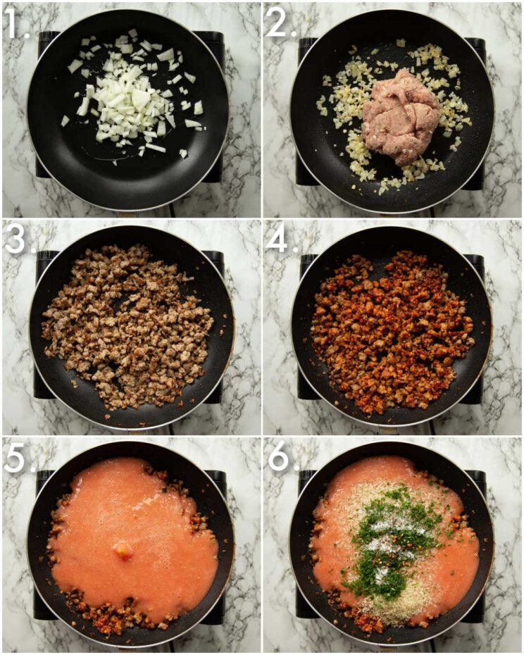 6 step by step photos showing how to make sausage and rice