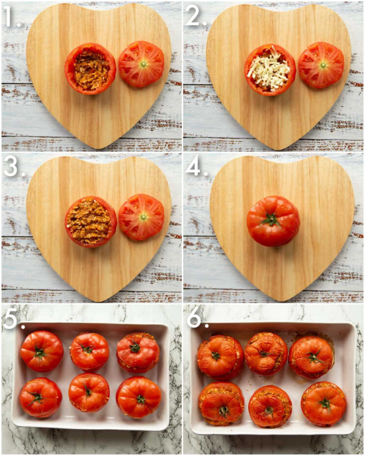 6 step by step photos showing how to make sausage stuffed tomatoes