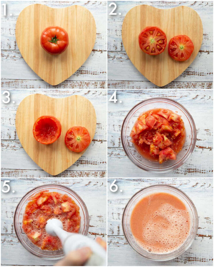 6 step by step photos showing how to prepare stuffed tomatoes