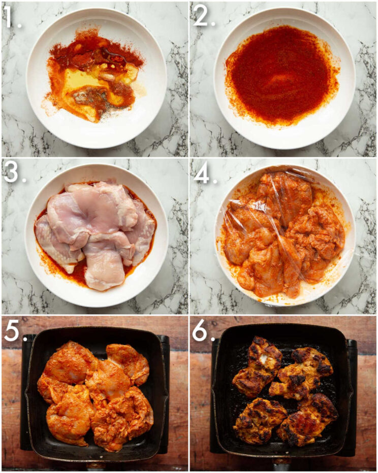 6 step by step photos showing how to grill chicken thighs
