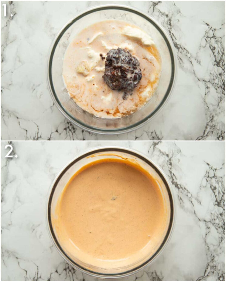 2 step by step photos showing how to make chipotle salad dressing