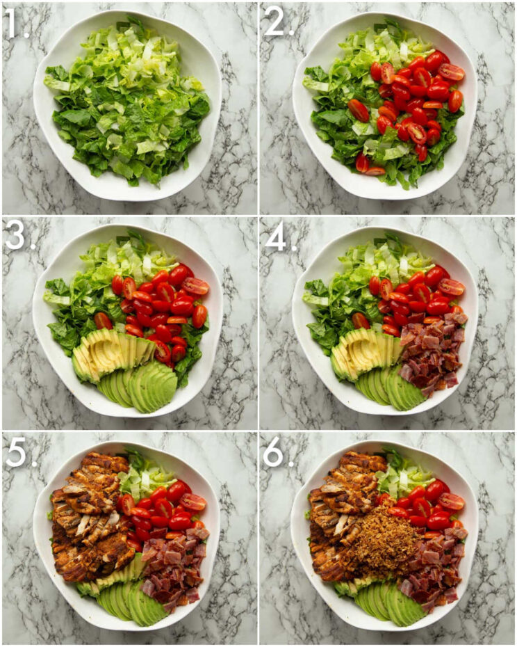 6 step by step photos showing how to make grilled chicken salad