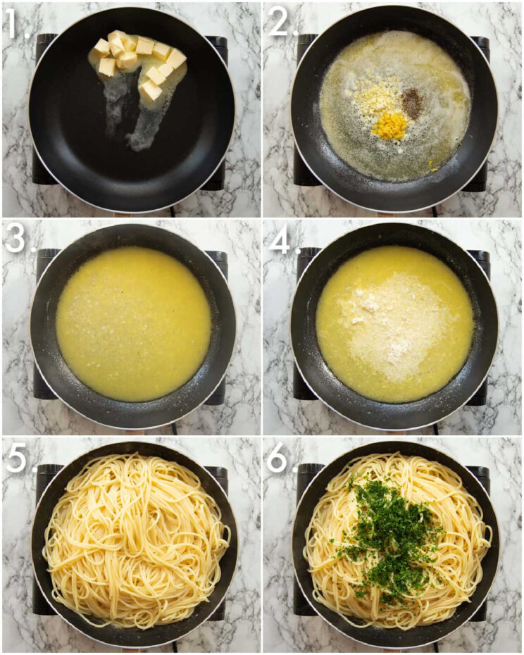 6 step by step photos showing how to make lemon pasta