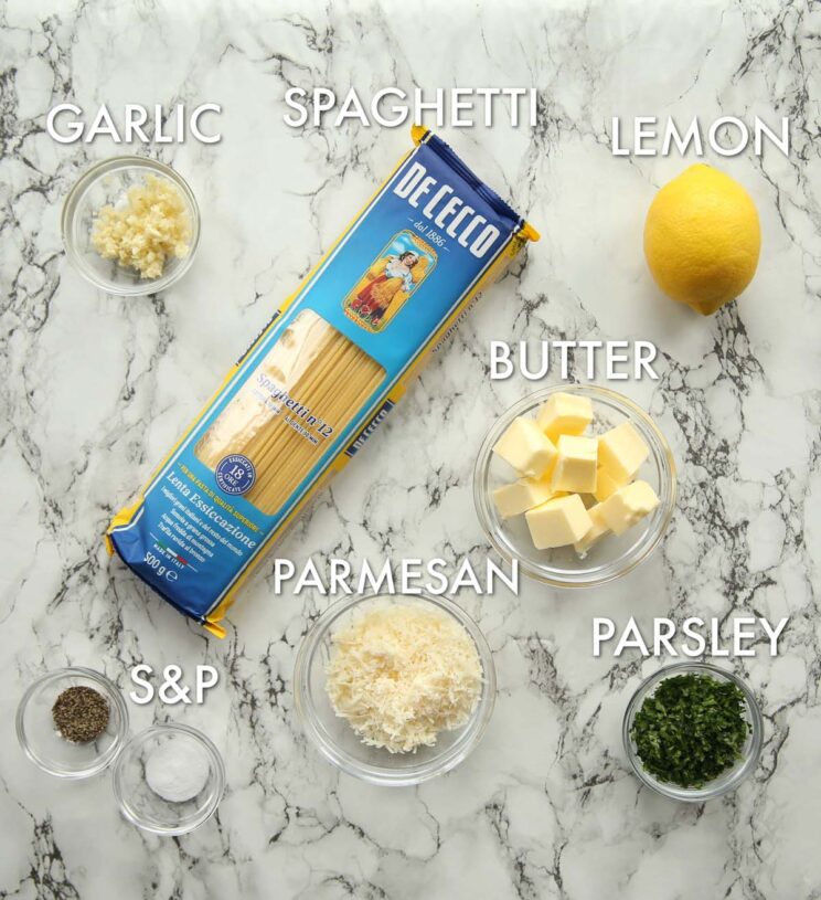 overhead shot of lemon pasta ingredients with text labels