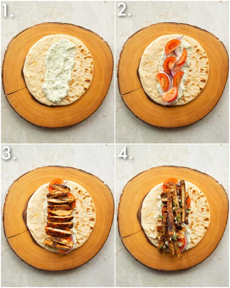 4 step by step photos showing chicken gyros fillings