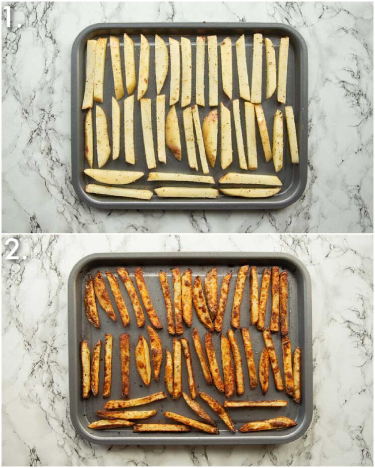2 step by step photos showing how to bake Greek fries