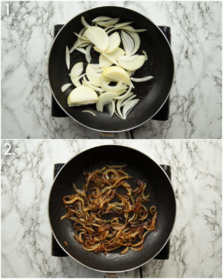 2 step by step photos showing how to caramelize onions