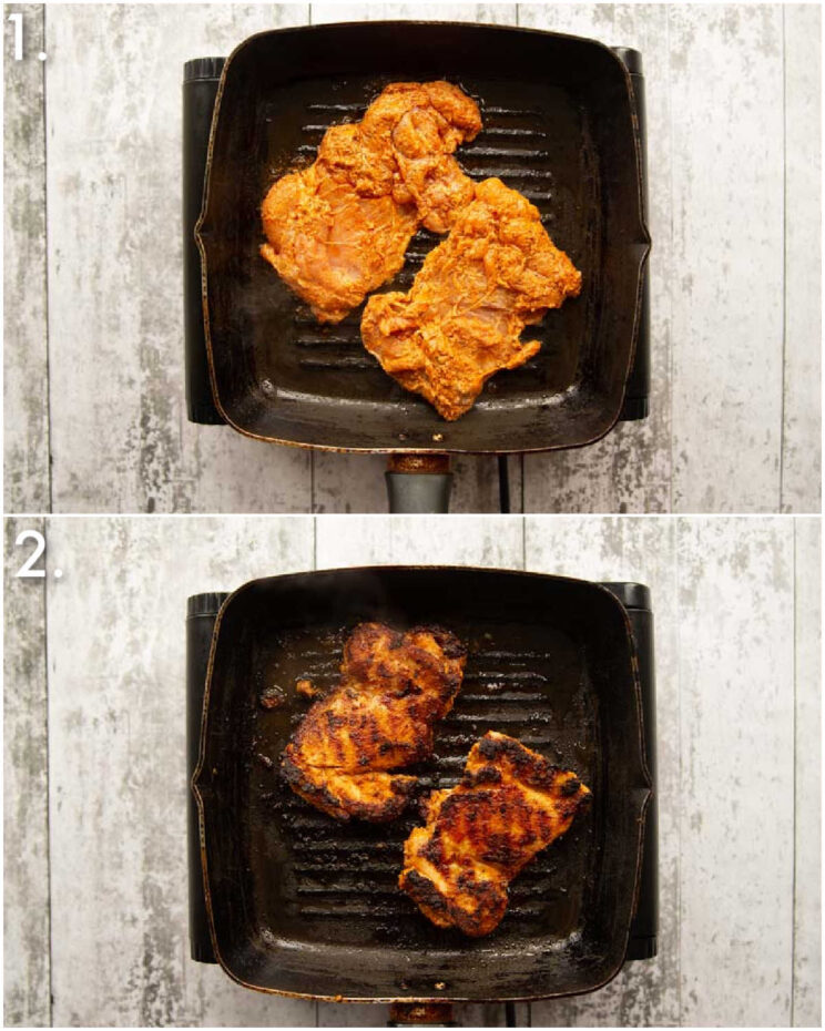 2 step by step photos showing how to cook chicken gyros