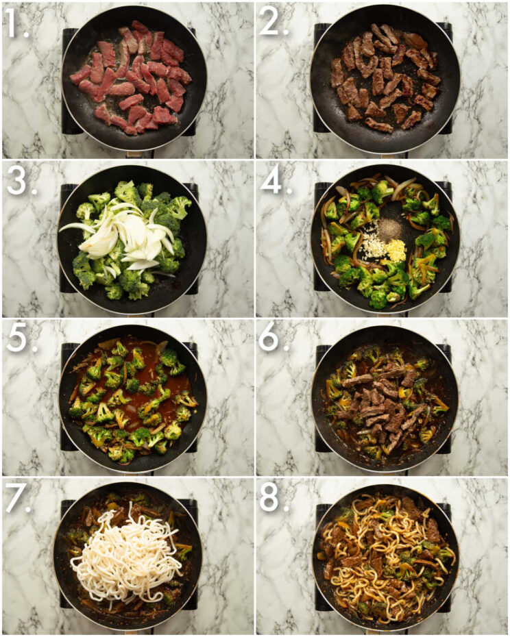 8 step by step photos showing how to make beef and broccoli noodles