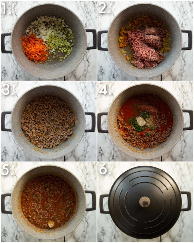 6 step by step photos showing how to make beef ragu for ravioli