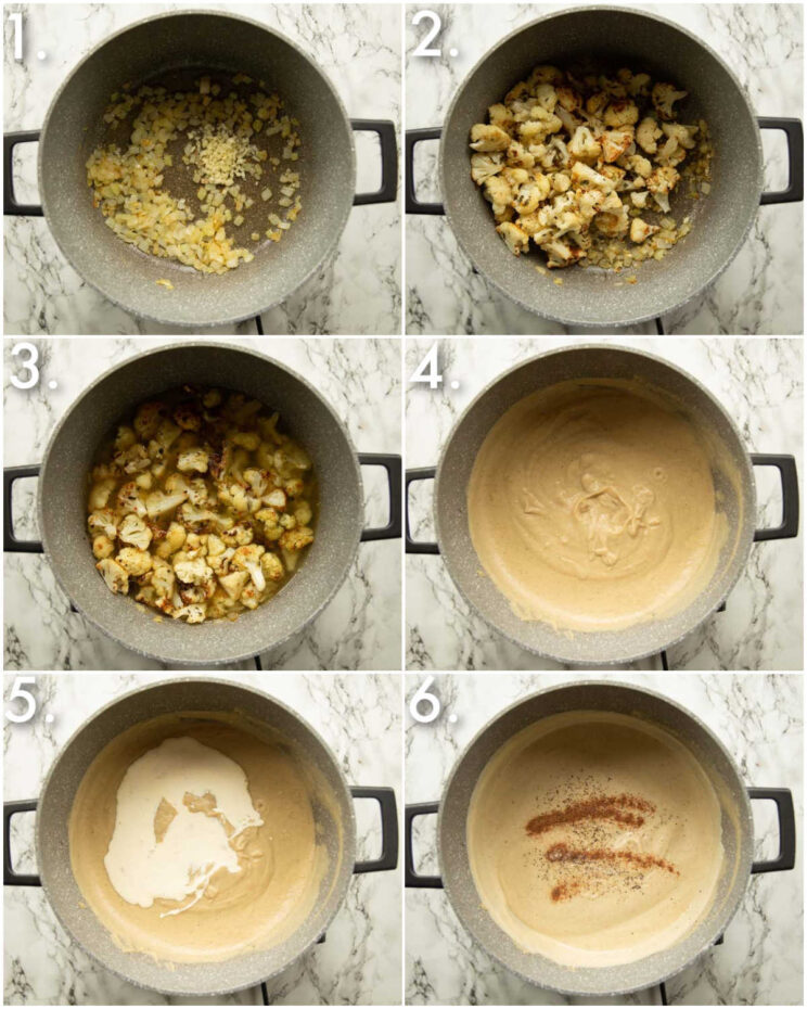 6 step by step photos showing how to make cauliflower soup