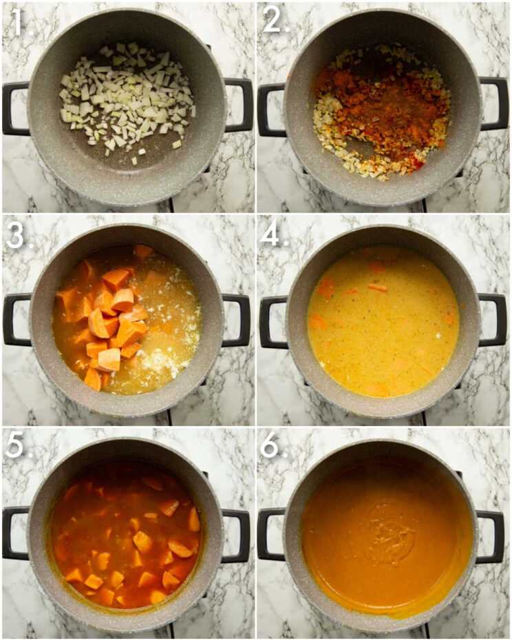 6 step by step photos showing how to make curried sweet potato soup