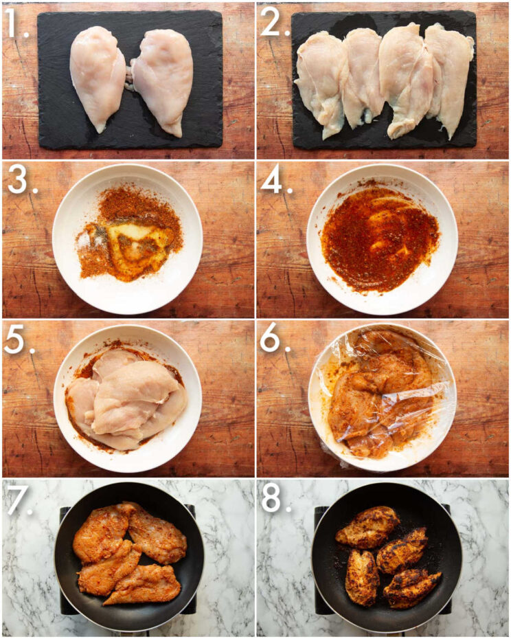 8 step by step photos showing how to make peri peri chicken pasta