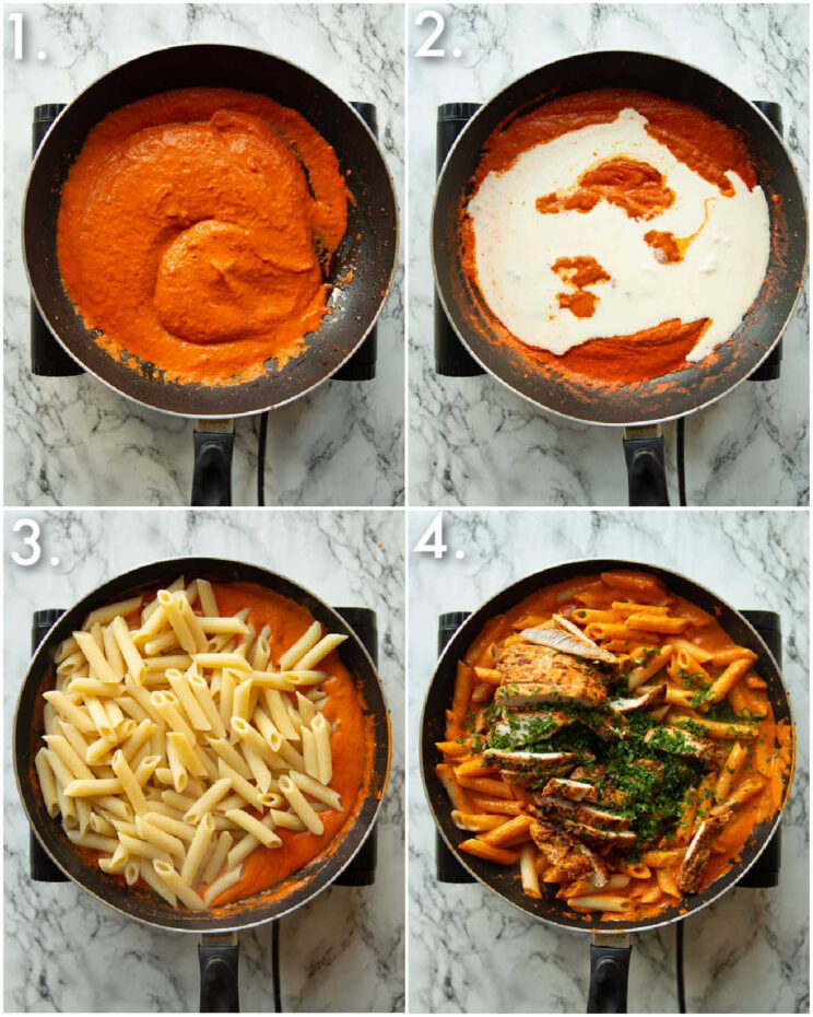 4 step by step photos showing how to make peri peri chicken pasta