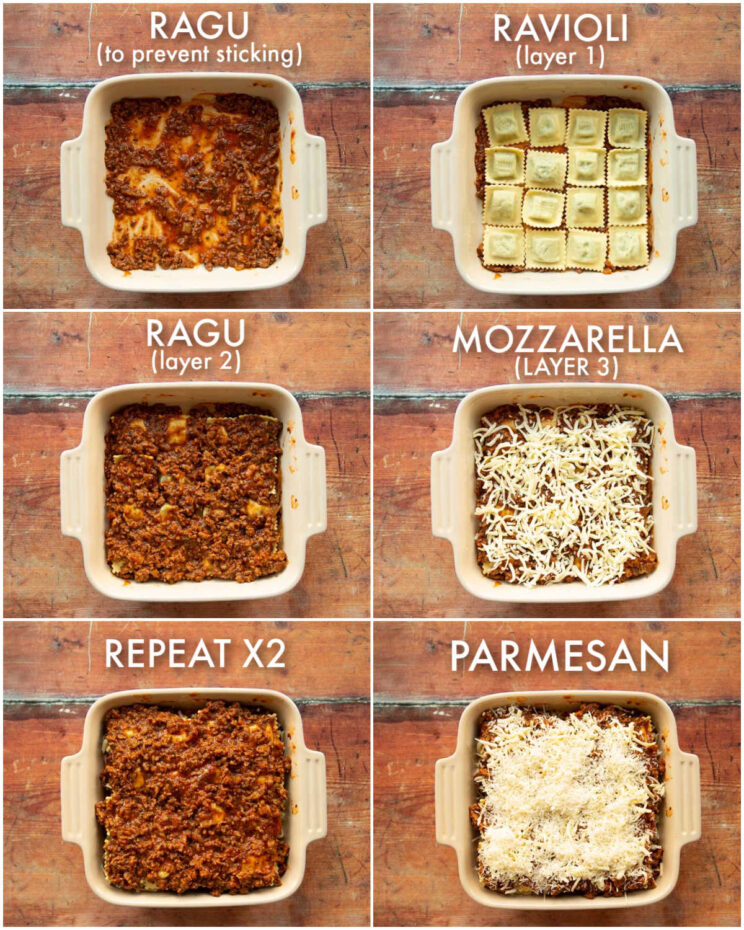 6 step by step photos showing how to make ravioli lasagne