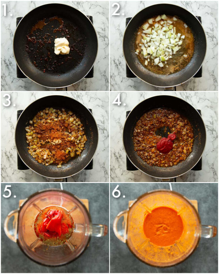 6 step by step photos showing how to make roasted red pepper sauce